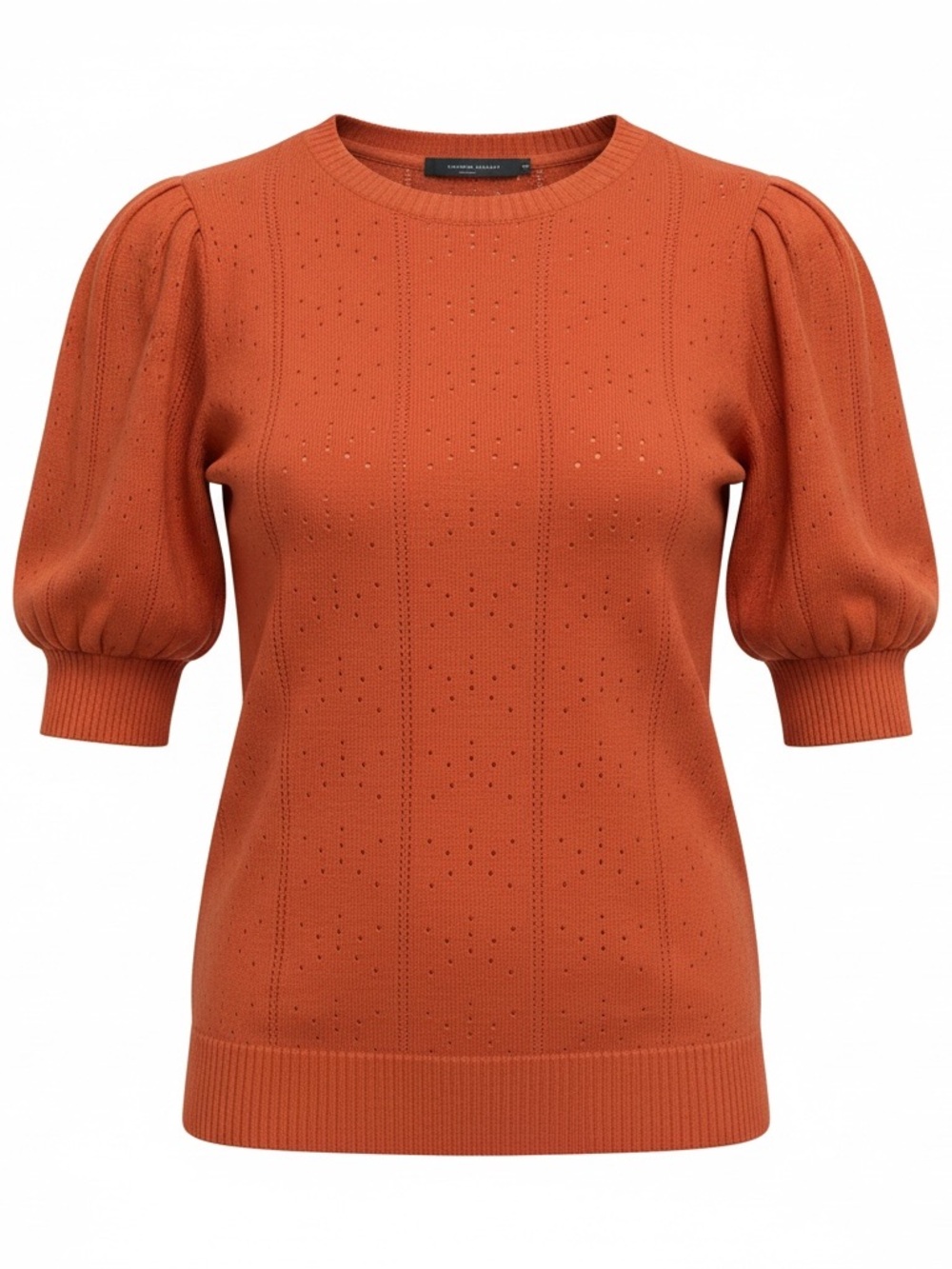 NWT Merokeety Pointelle Puff-Sleeve Knit Top in Rust